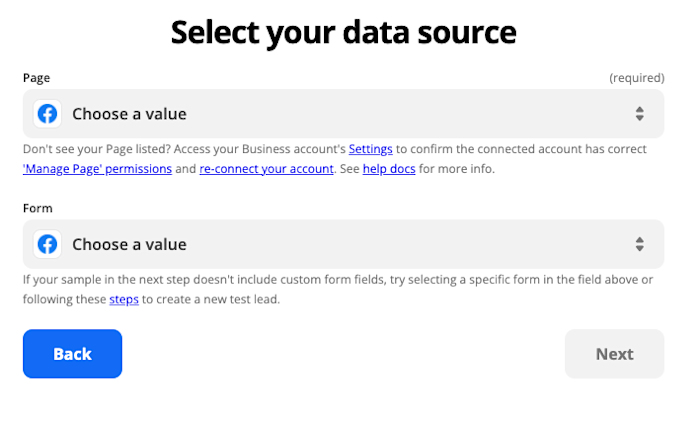 A prompt within Transfer to select the data source. The example has dropdown menus to select a Facebook page and Lead Ads form. 