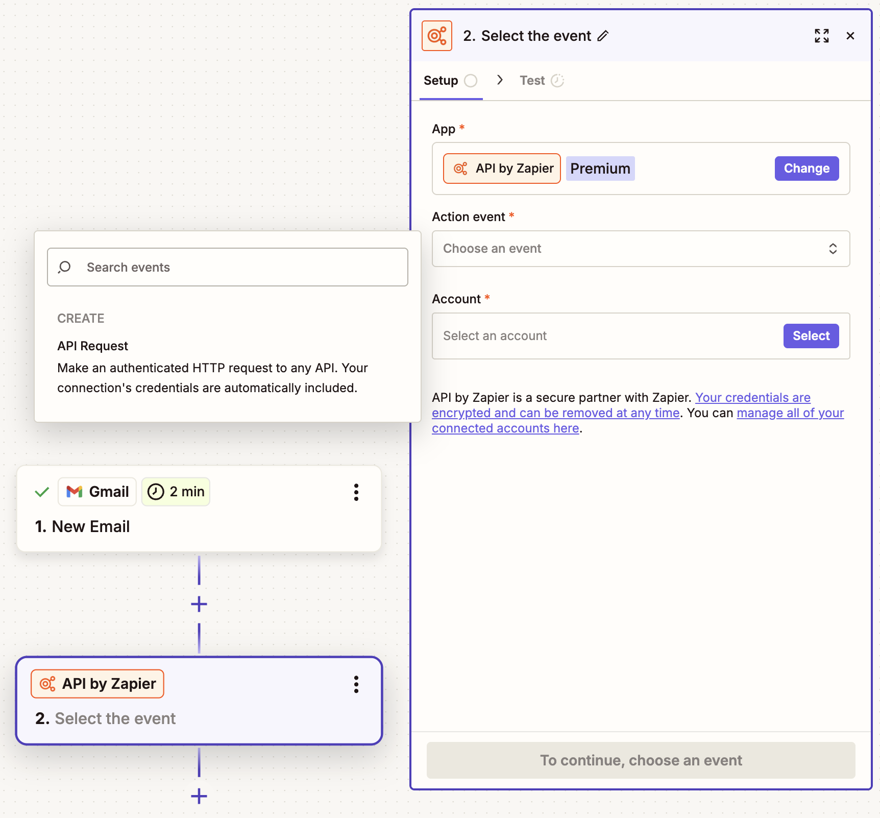 The setup page for an API by Zapier action step