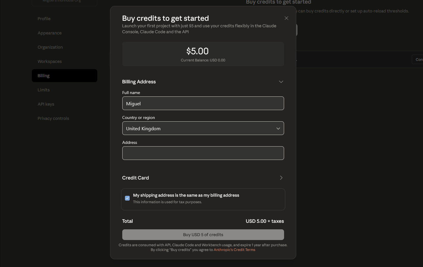 Buying $5 worth of credits in Claude