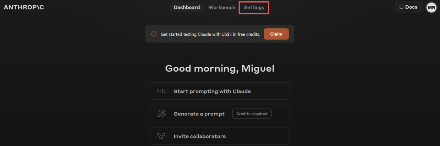 The Settings button on the Claude API platform