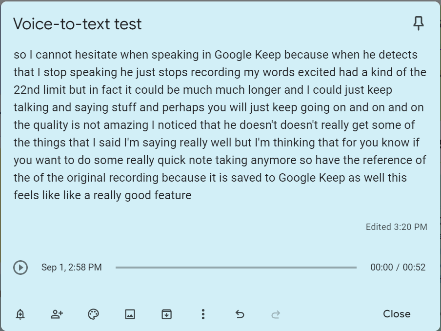 Speech-to-text in Google Keep