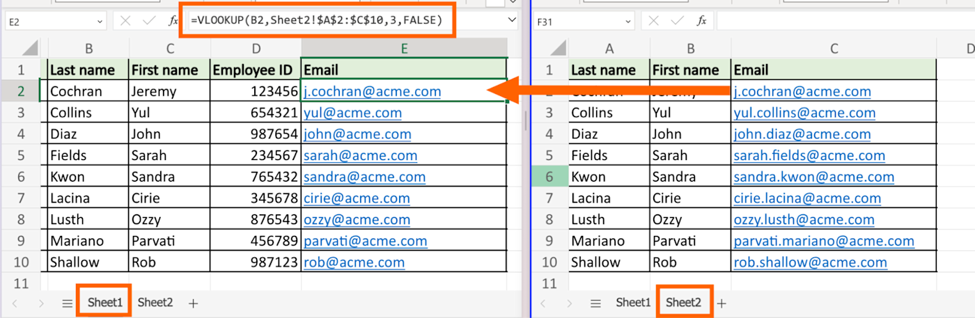 Example of how to do VLOOKUP in Excel with two spreadsheets. 