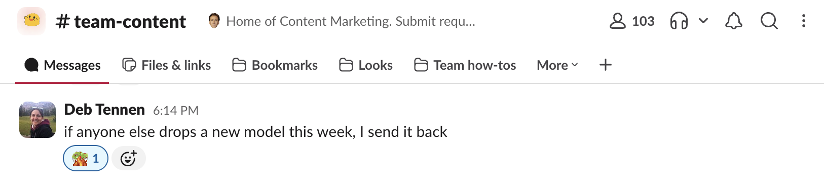 Slack channel header with tabs and a message