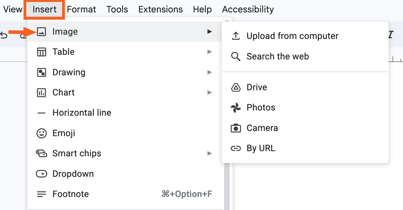 Expanded view of the insert dropdown in Google Docs. 