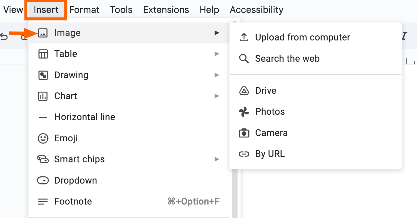 Expanded view of the insert dropdown in Google Docs. 