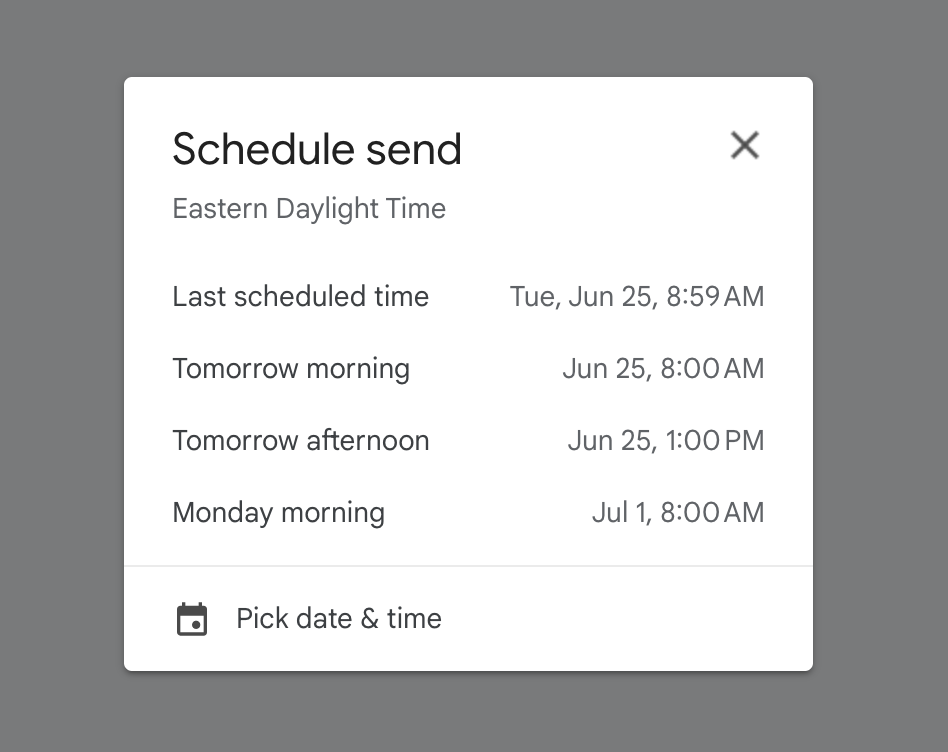 The Schedule send times in Gmail