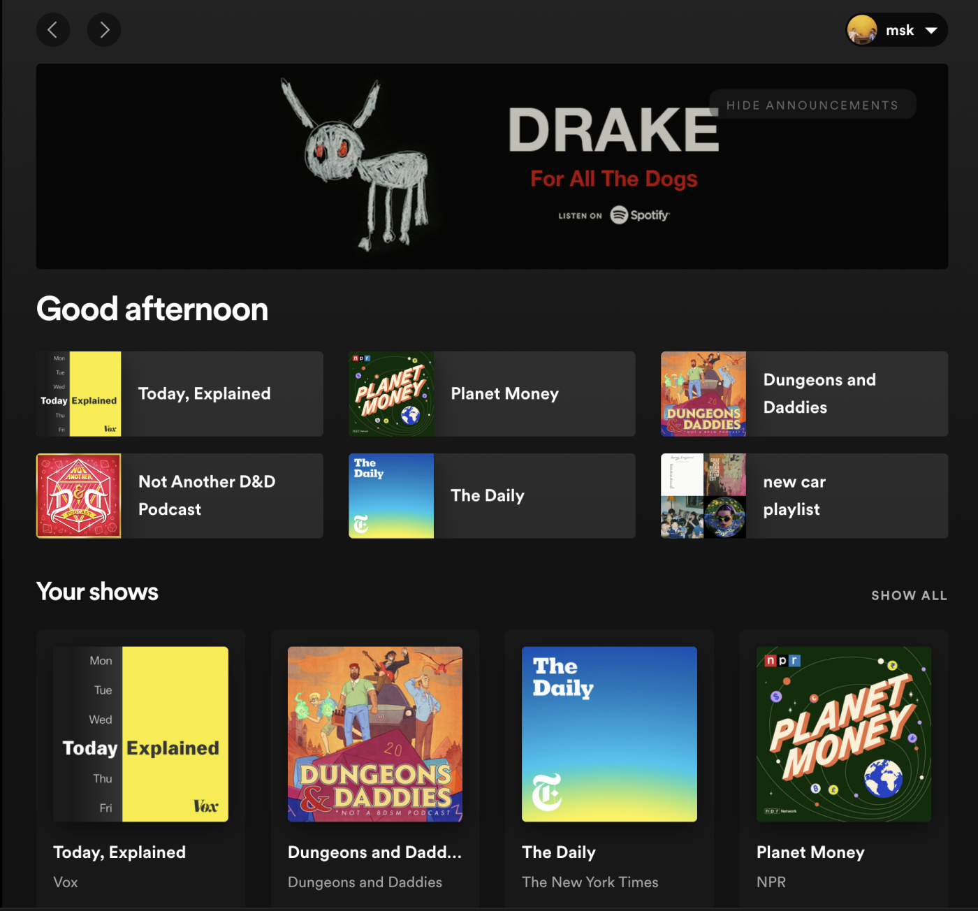 Screenshot of the writer's Spotify homepage