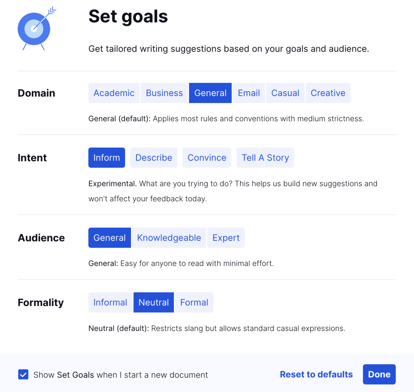 Setting goals in Grammarly for each piece