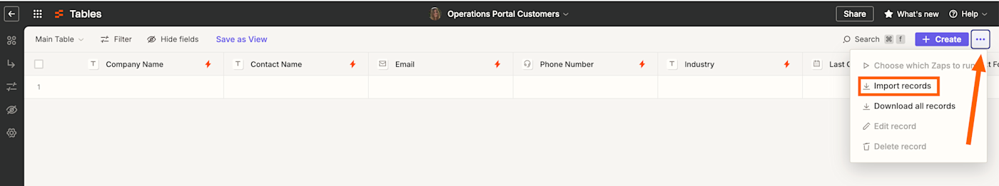 Screenshot of three dot icon to import records in Tables