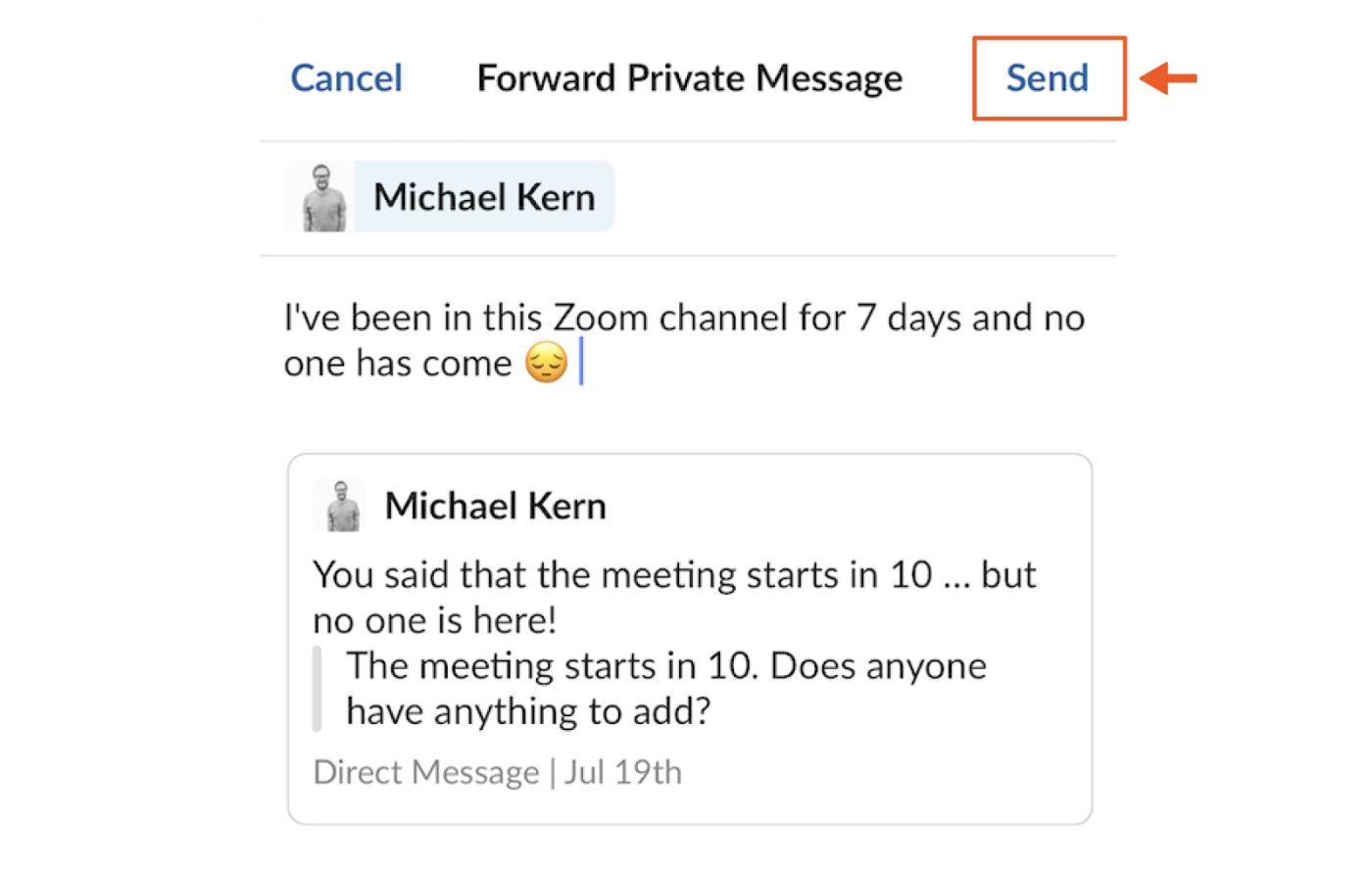 Screenshot showing how to forward a message on Slack for mobile.