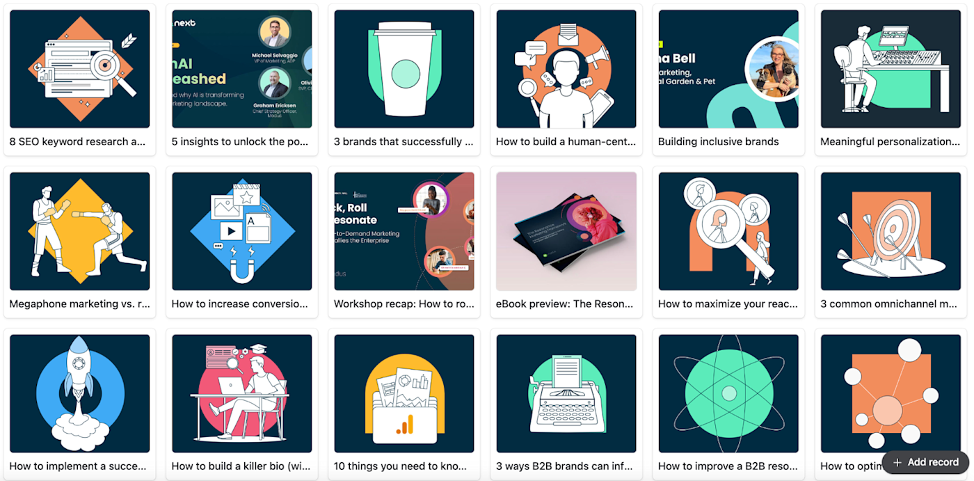 Gallery view of digital assets stored in Airtable.