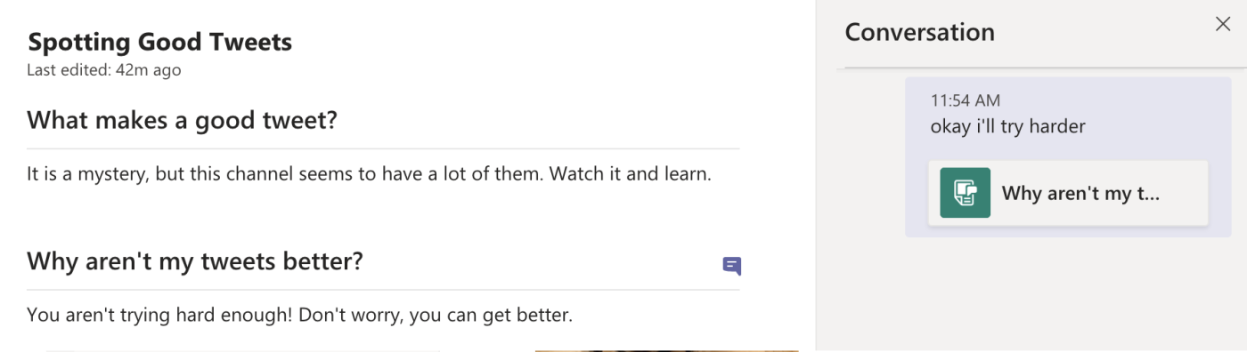 Comments in the Microsoft Teams Wiki 