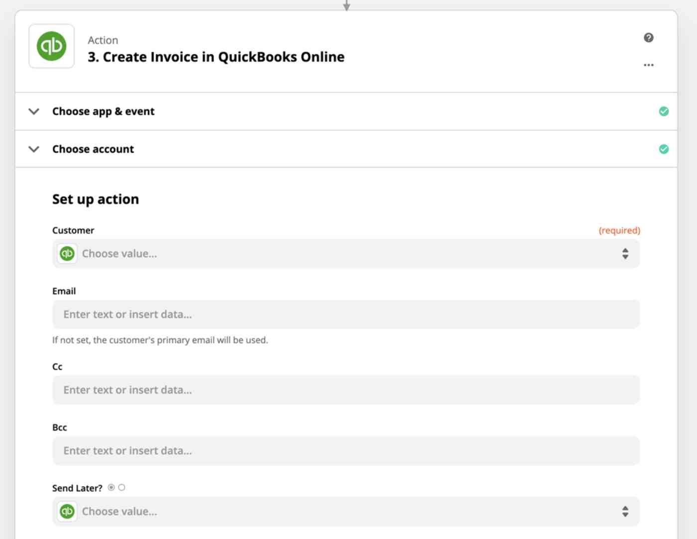 Action set-up: 3. Create Invoice in QuickBooks Online