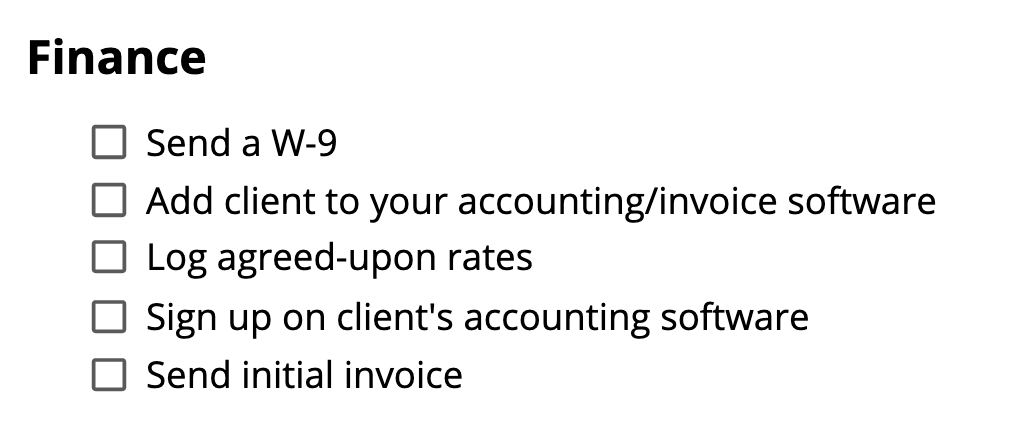 The finance steps from the checklist