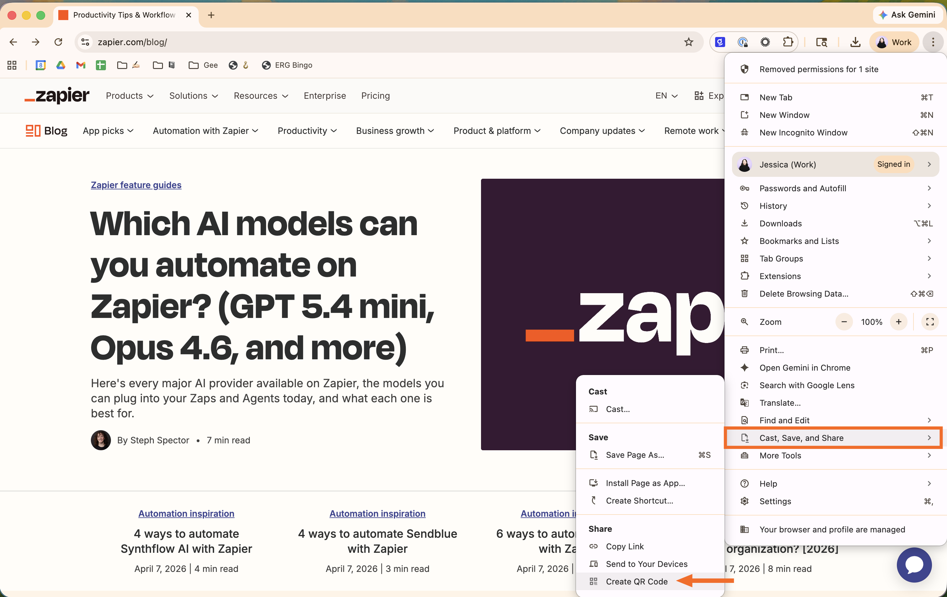 Google Chrome browser open to the Zapier blog. There's an expanded view of the three-dot menu with cast, save, and share highlighted, and another menu with an arrow pointing to create QR code.