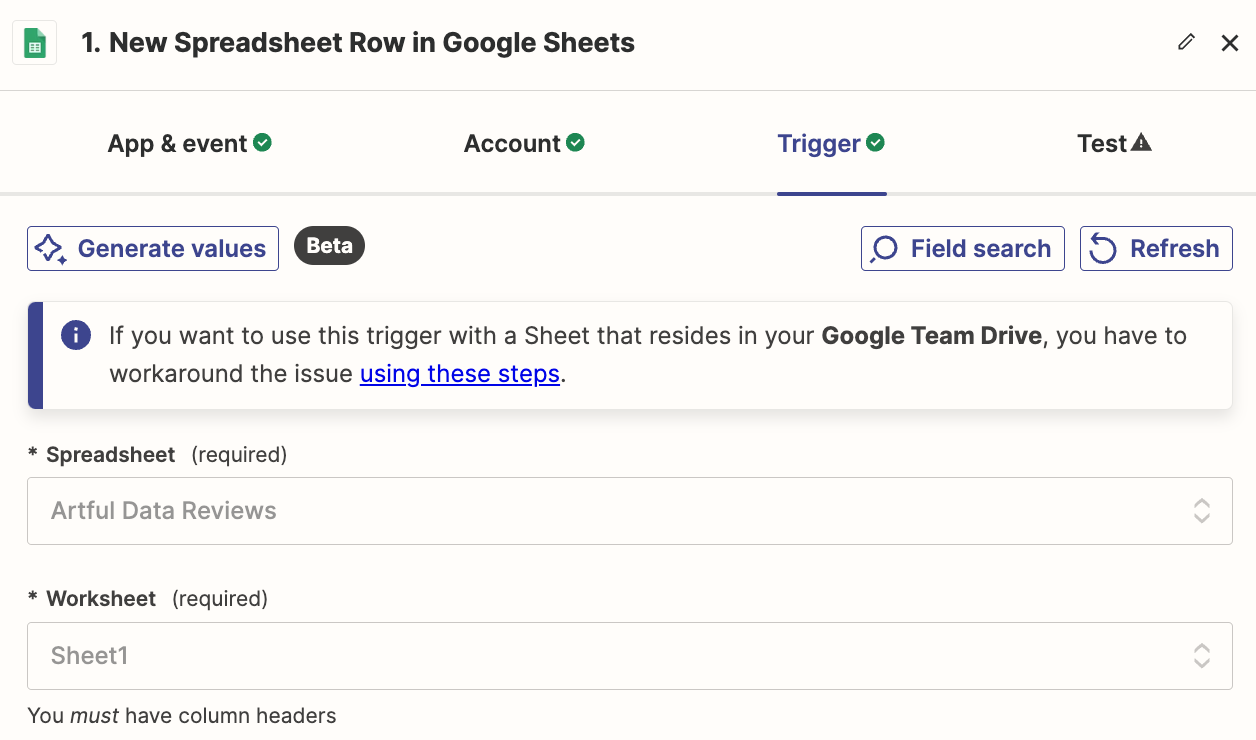 Google Sheets fields in the Zap editor to select a spreadsheet and worksheet.
