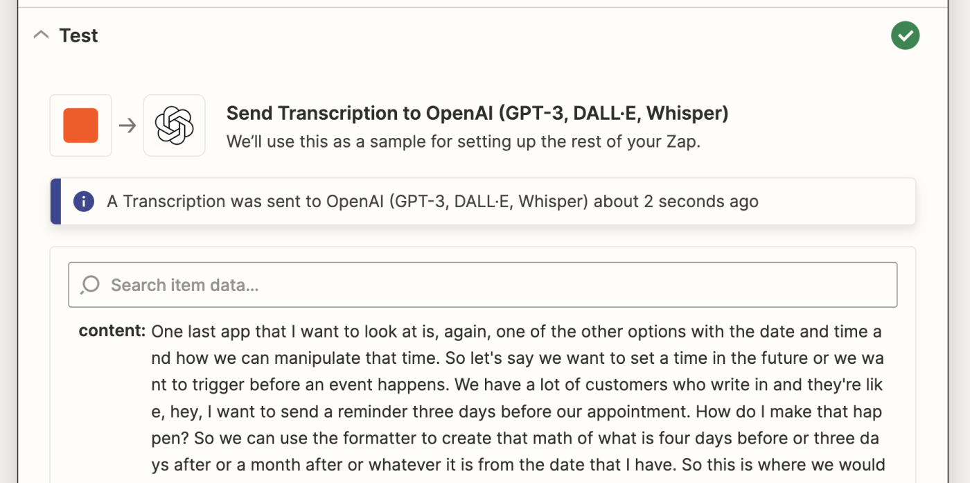 Screenshot of OpenAI testing in the Zap editor