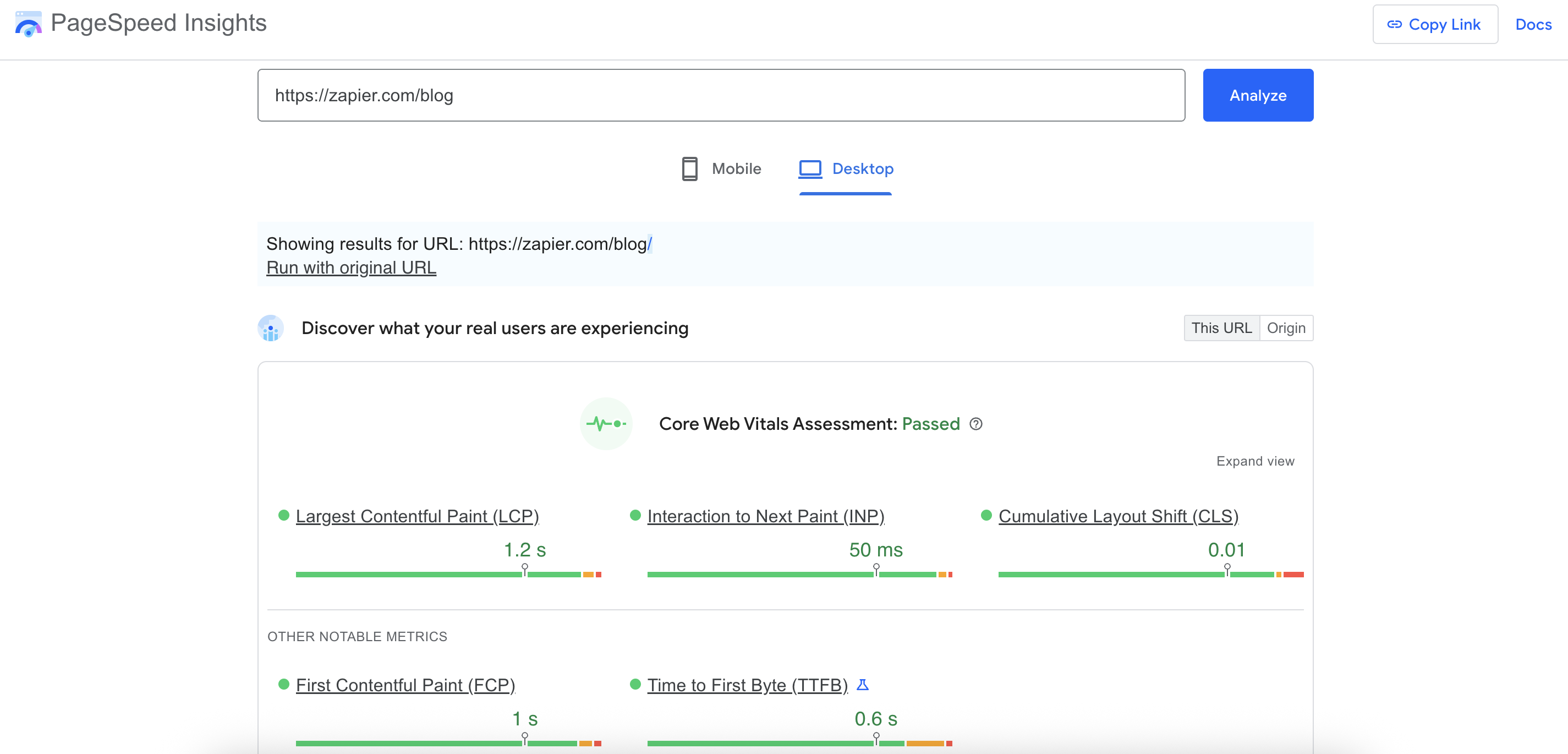 Screenshot of Google's PageSpeed Insights