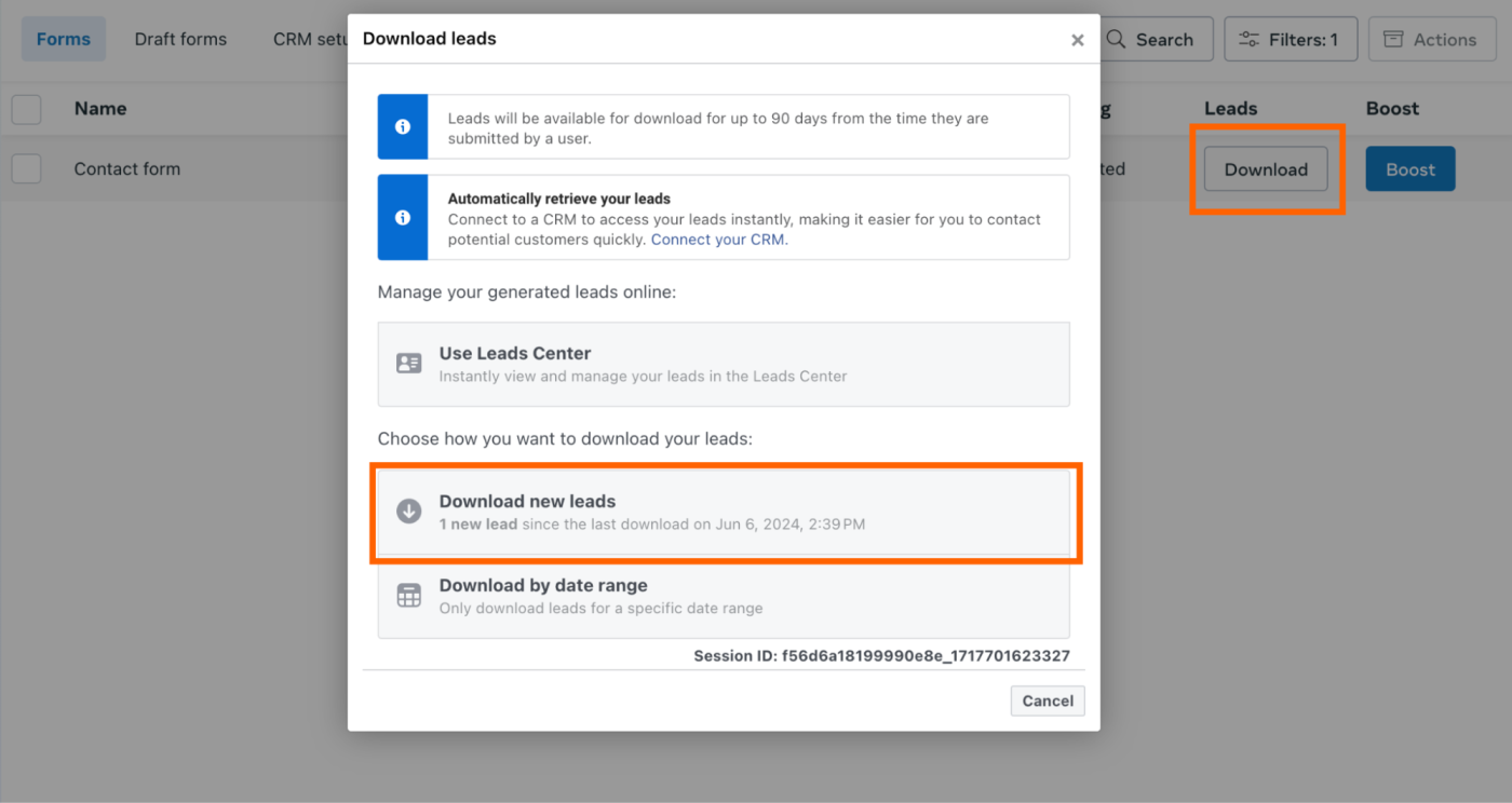 Download Facebook Lead Ads form entries