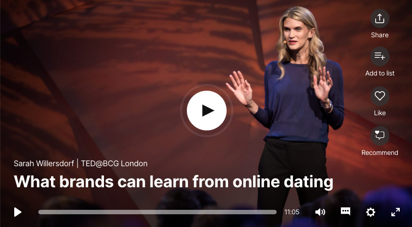 A screenshot of Sarah Willersdorf's TED Talk, "What brands can learn from online dating"