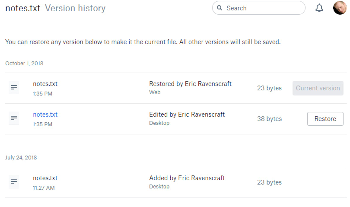 Dropbox version history