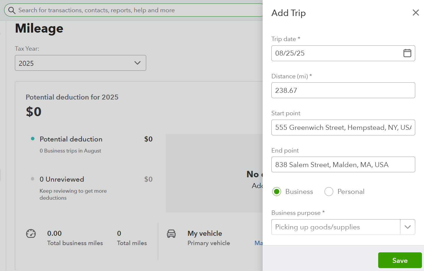 Screenshot showing the QuickBooks Mileage tracking feature