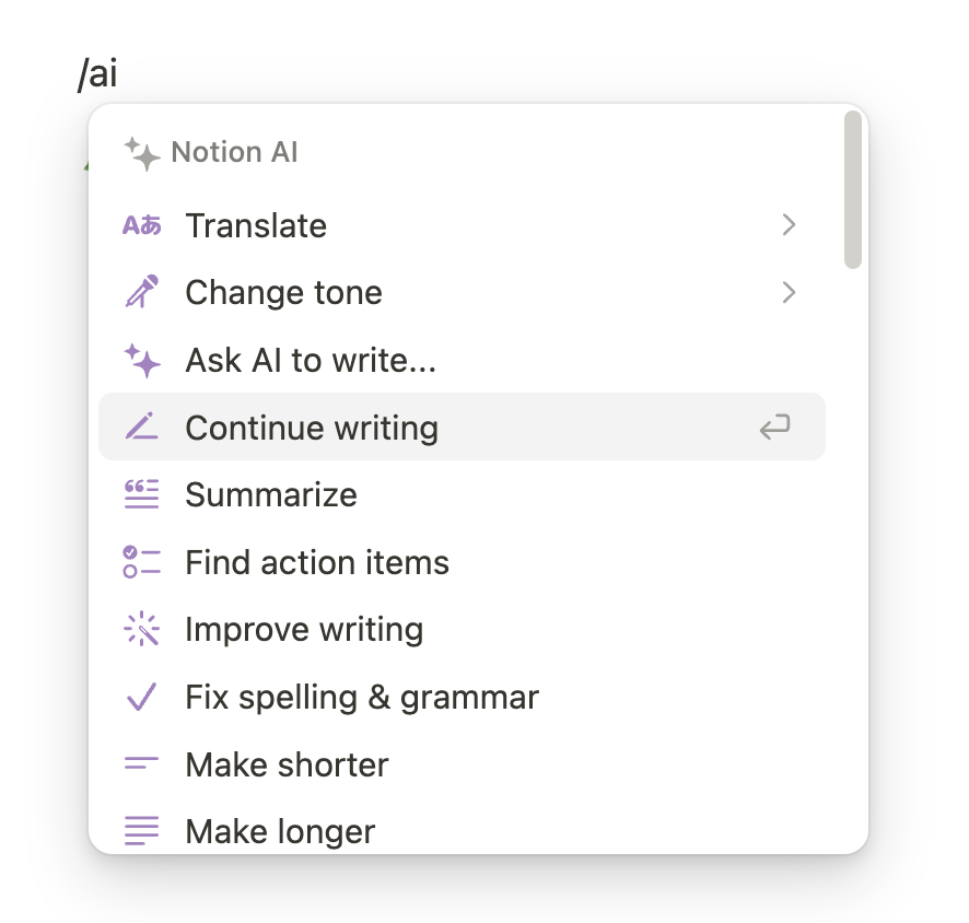 List of Notion AI actions.