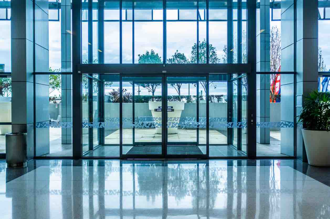 A photo of automatic sliding doors in a modern building
