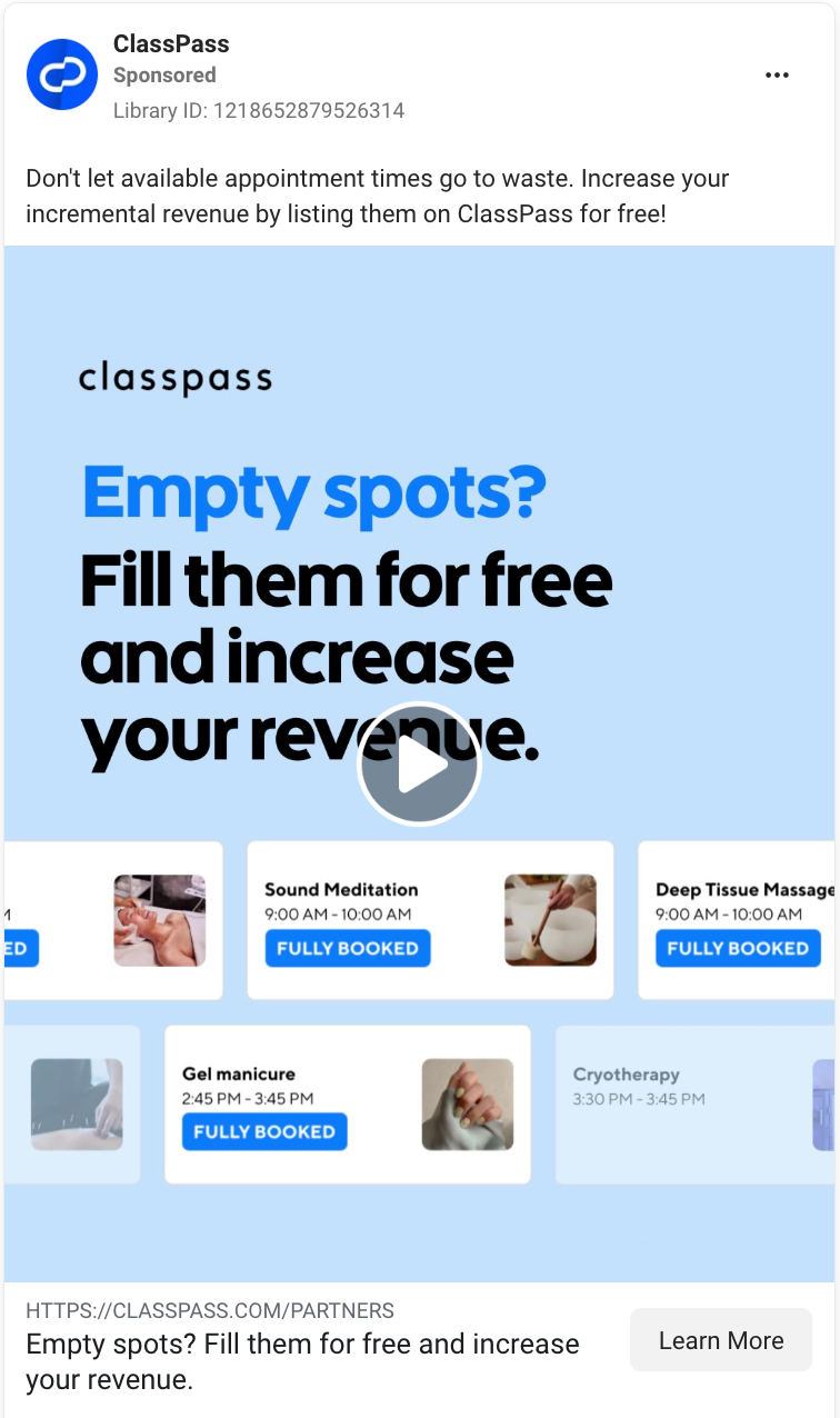 Problem/solution video Facebook ad example from ClassPass. 