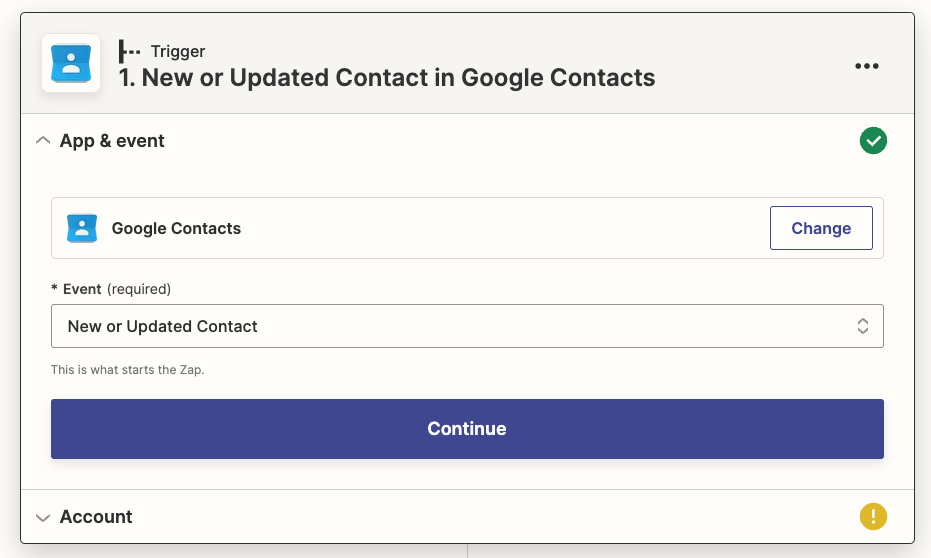 Google Contacts is selected with New or Updated Contact selected in the Event field.