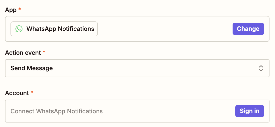 A window with fields for selecting an "App," "Action event," and "Account." WhatsApp Notifications is selected as the app and "Send Message" is selected as the action event.
