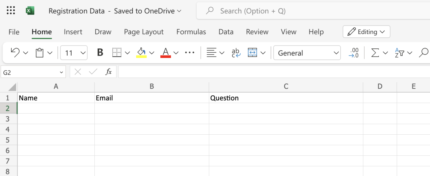 An Excel spreadsheet with columns for Name, Email, and Question.