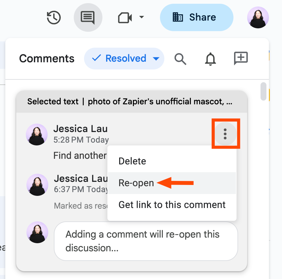 Comment history panel in Google Docs with the option to re-open a comment selected.