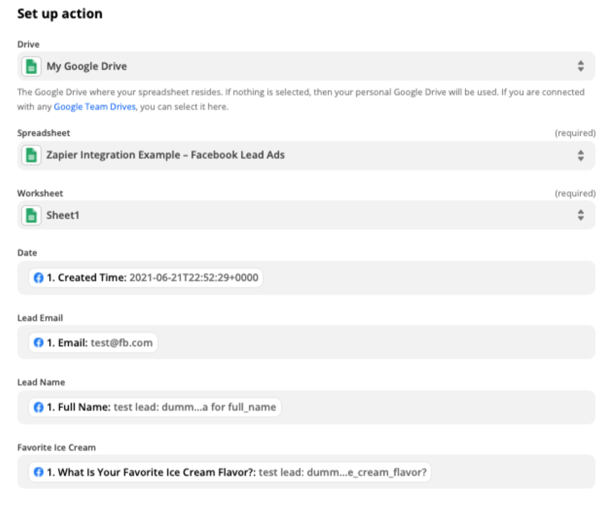 A fully mapped set of fields showing information from Facebook Lead Ads that will be sent to your spreadsheet. "Created Time" is below "Date," "Email" is below "Lead Email," and "Full Name" below "Lead Name.