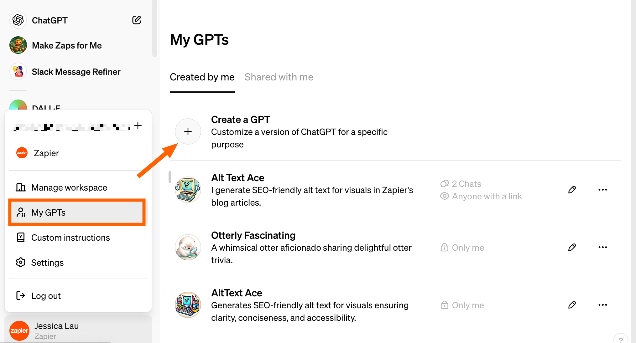 My GPTs page with an arrow pointing to Create a GPT. 