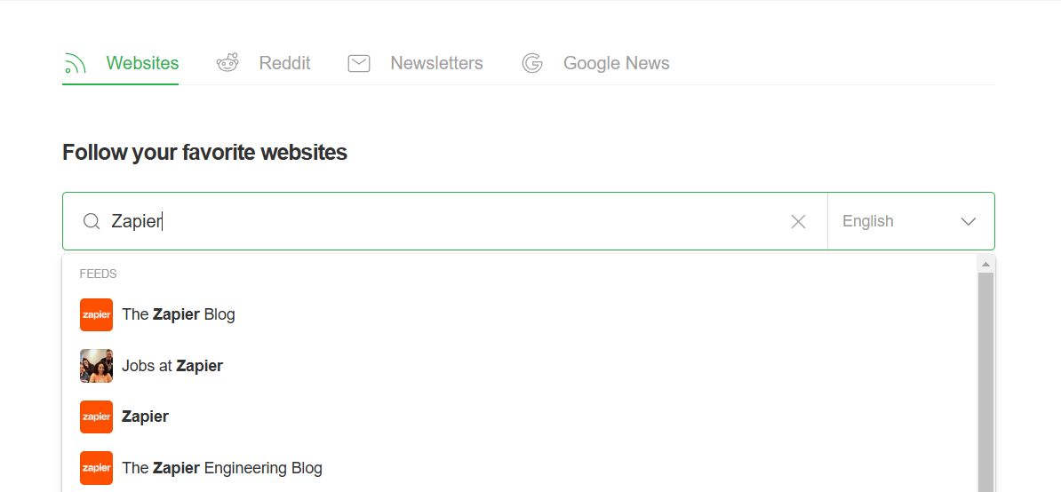 Feedly interface displaying a search bar with the query 'Zapier' entered.