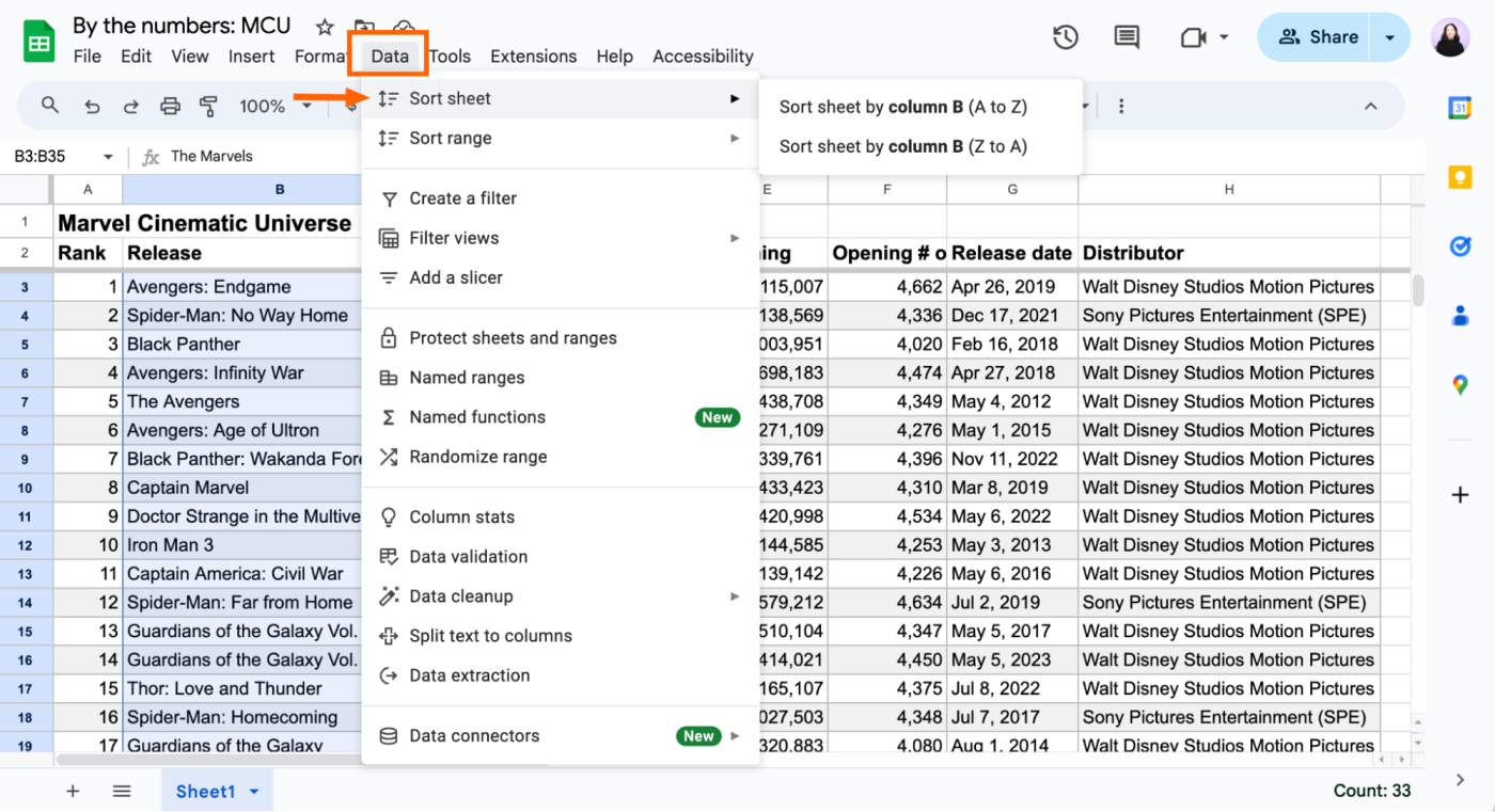 How to sort in Google Sheets using the sort sheet function. 