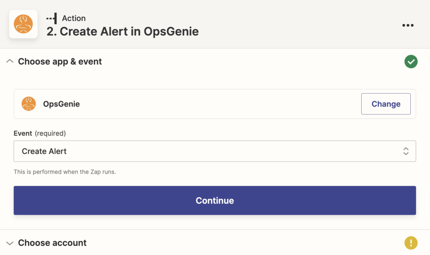 A screenshot of someone setting up an OpsGenie action event in Zapier.
