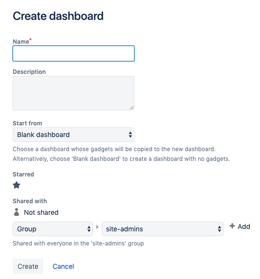 Jira dashboard creation screen