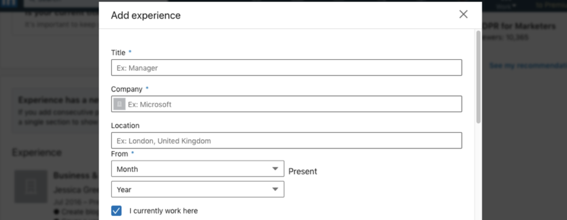 LinkedIn update experience form