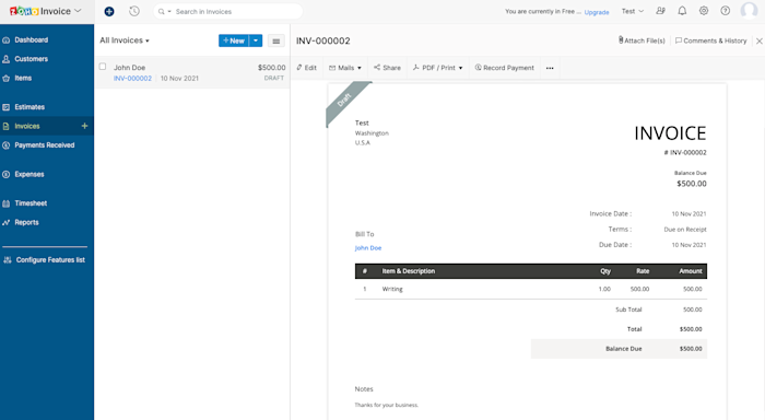 invoice builder in Zoho Invoice