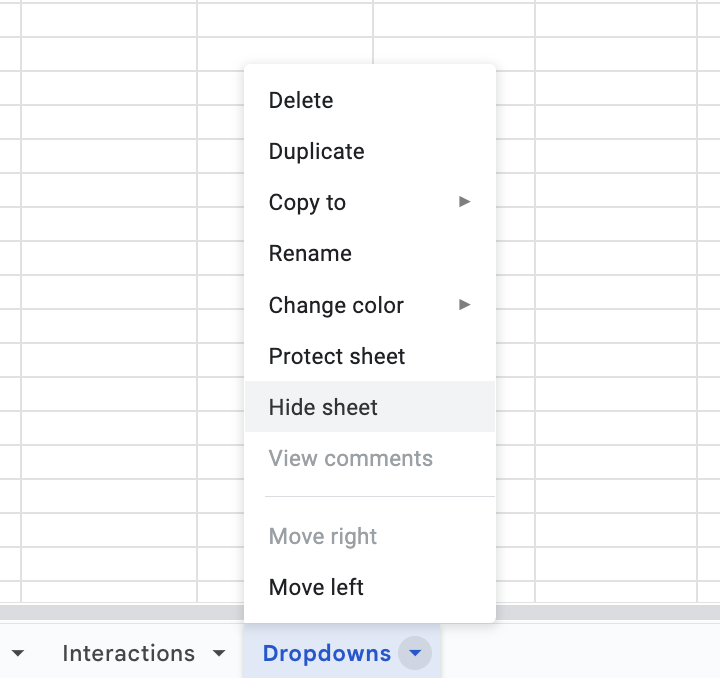 Screenshot of how to hide the sheet in Google Sheets