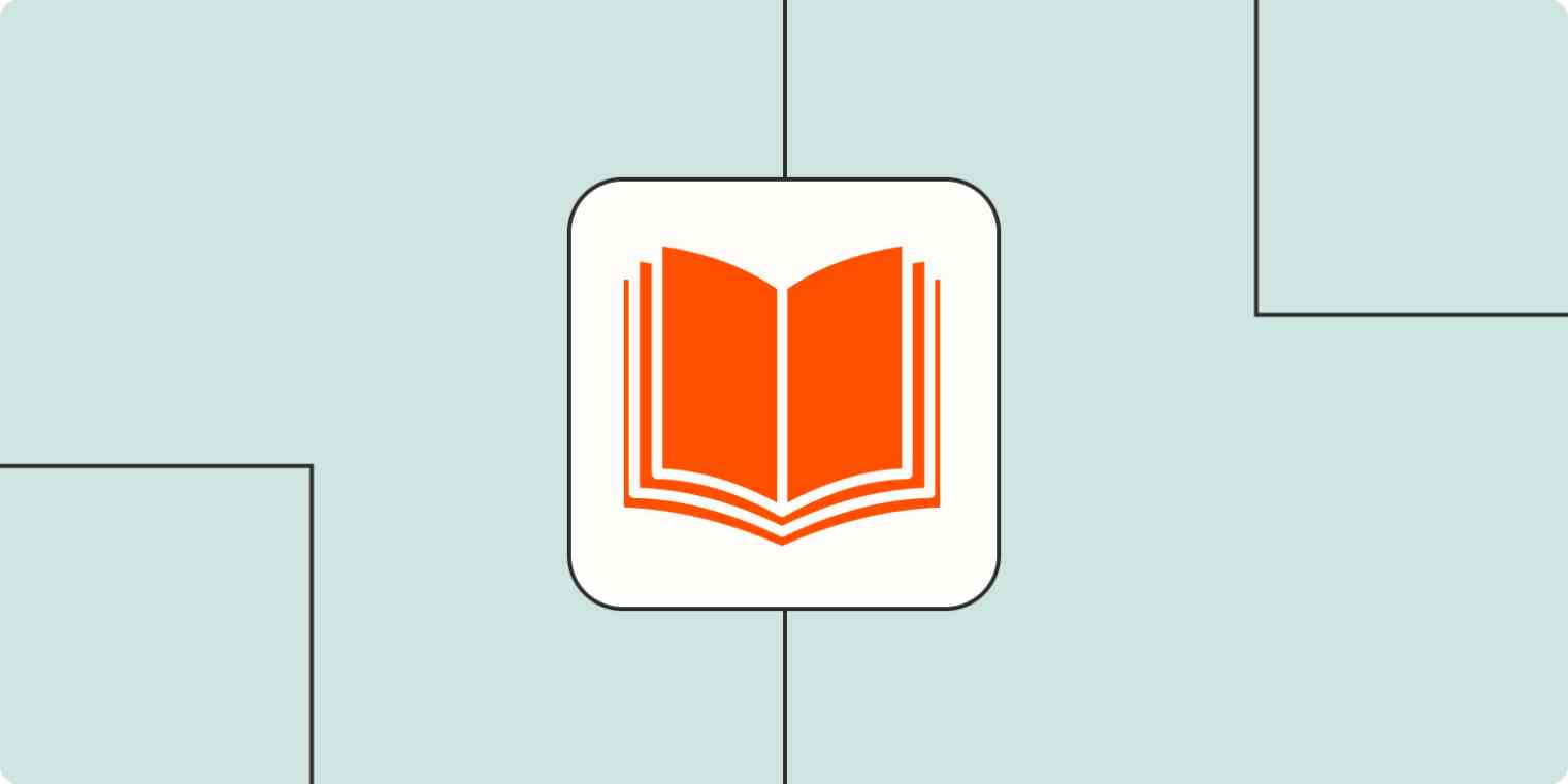 An orange icon of a book on a light blue background