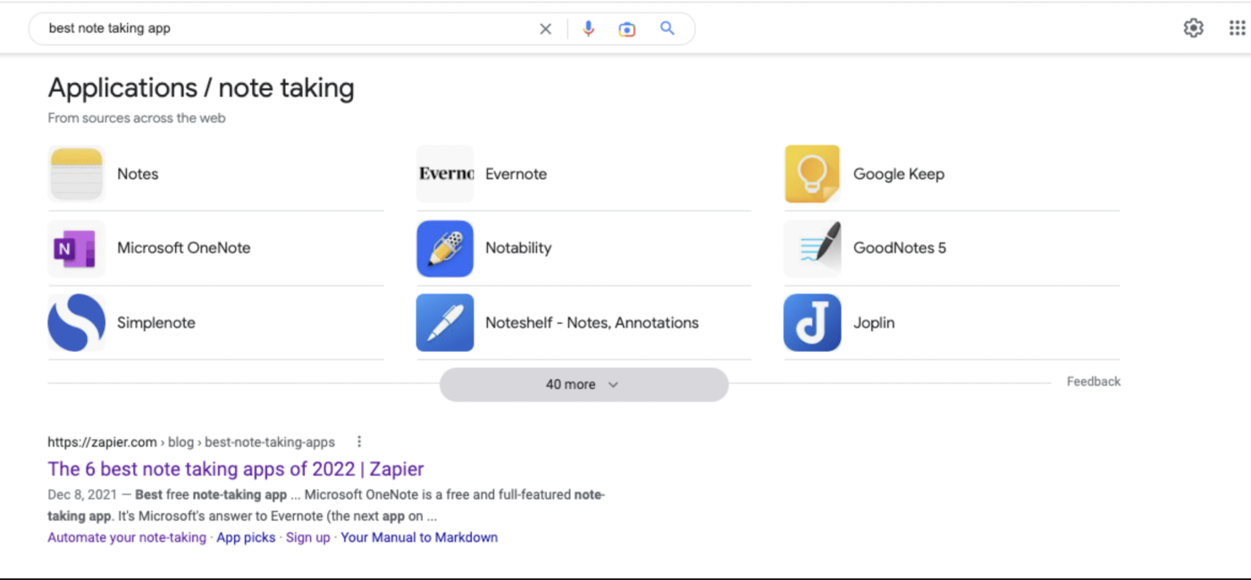 App suggestions curated by Google on a SERP