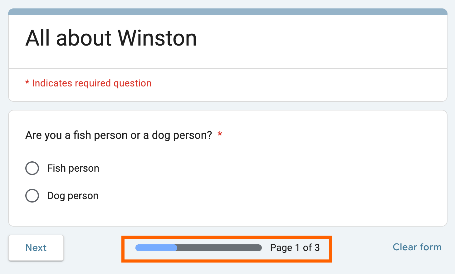 Progress bar at the bottom of a form in Google Forms.