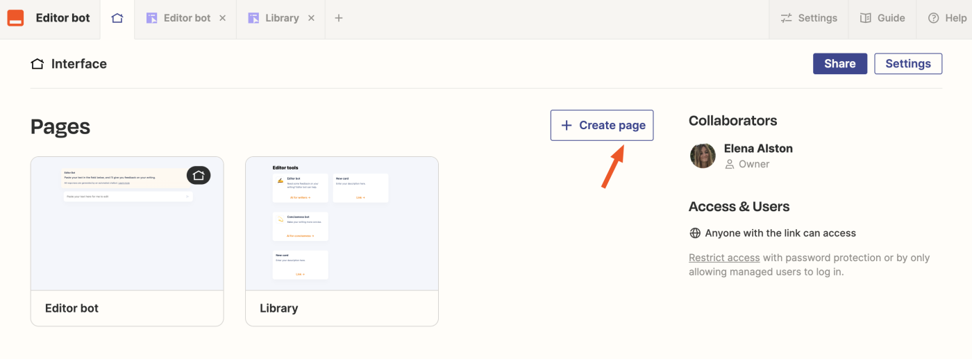 Screenshot of create new page in Interfaces