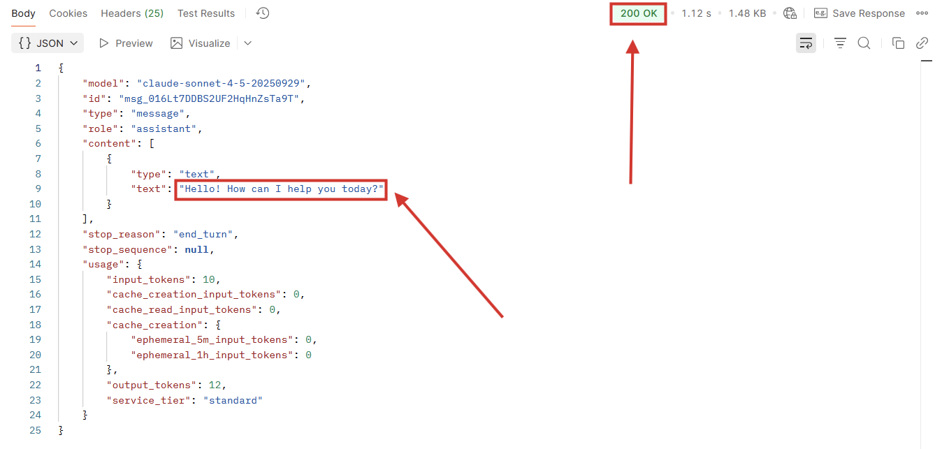 The success message and output in Postman