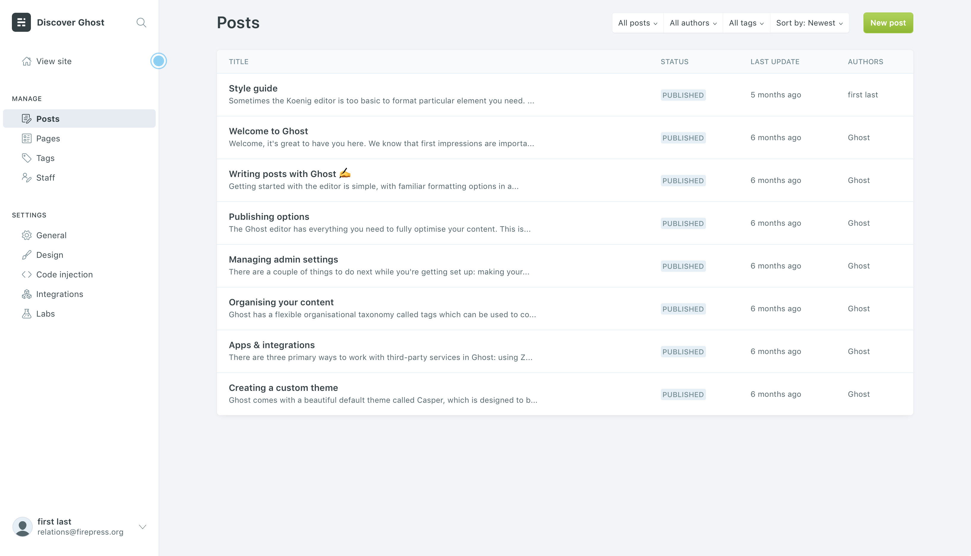 The Ghost back end, showing a list of posts alongside details about them.