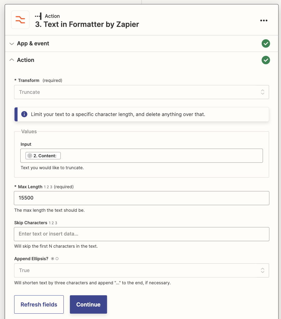 Screenshot of formatter step