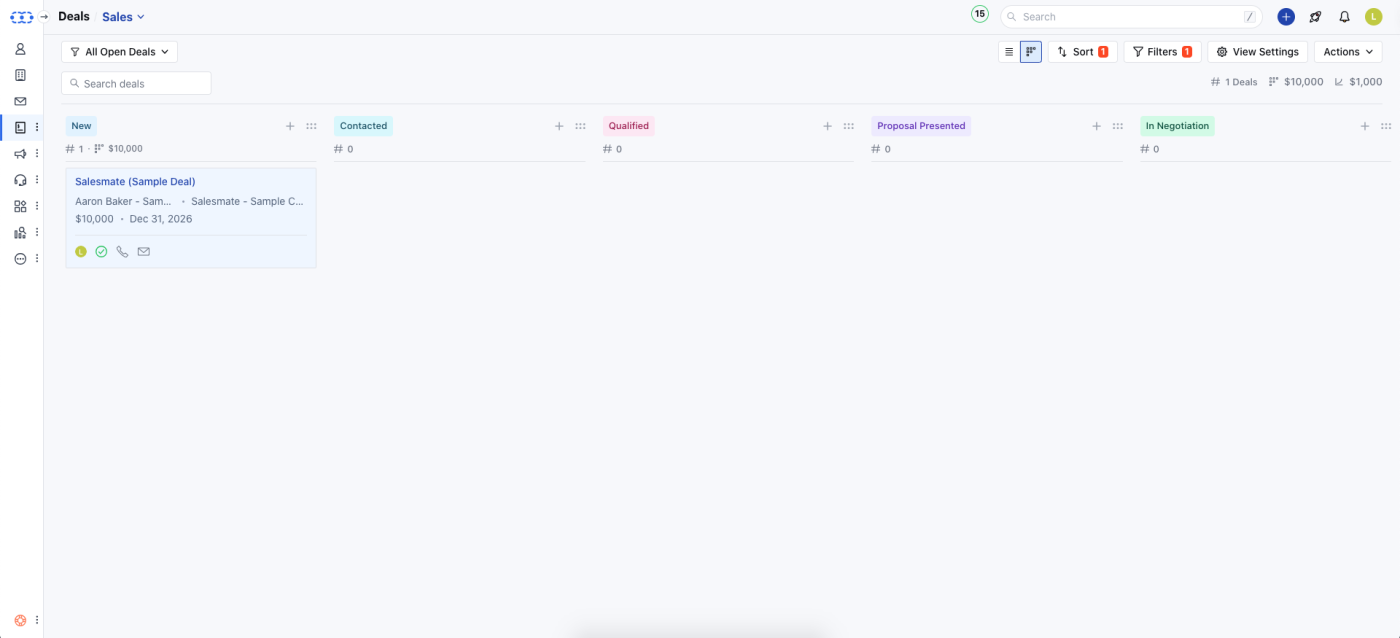 Screenshot of Salesmate’s board-style pipeline view